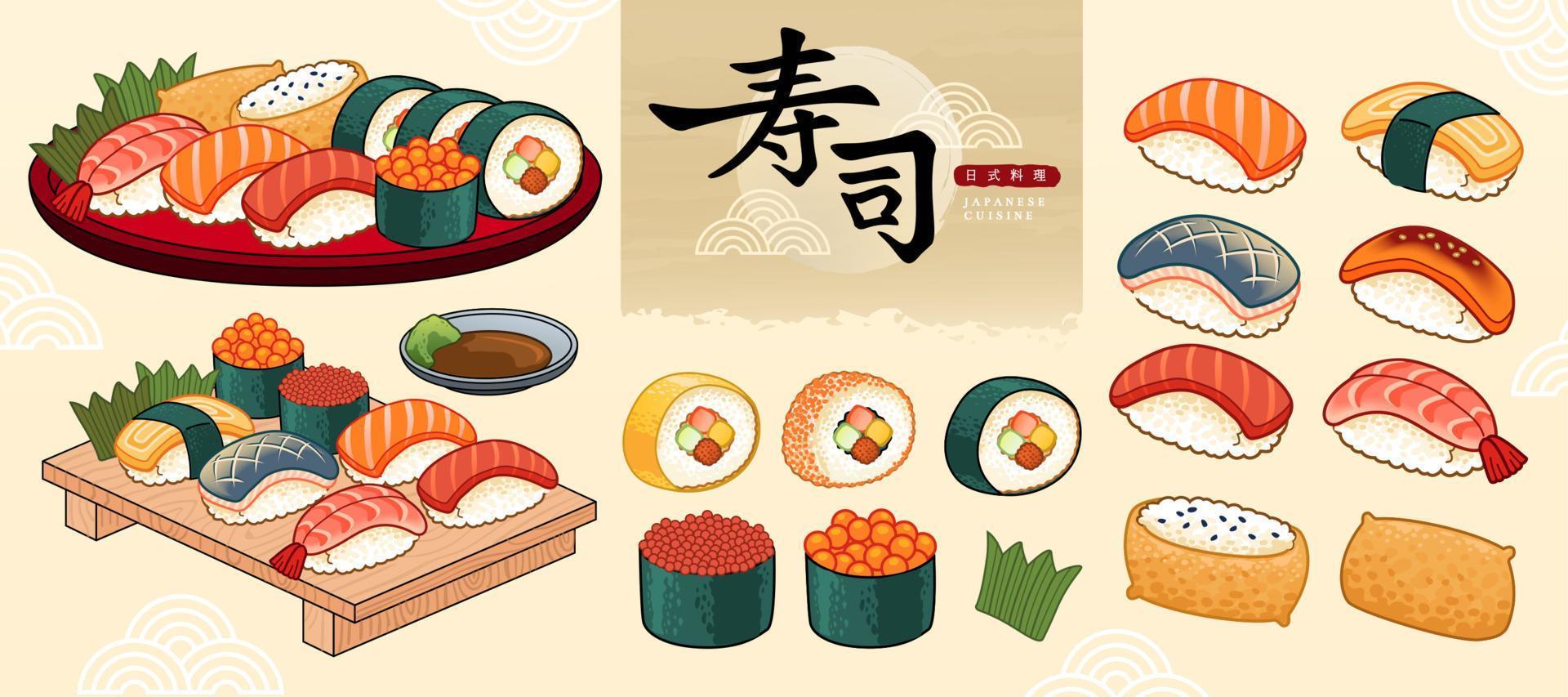 Sushi Barra Comida coleção dentro ukiyo-e estilo, japonês Comida e Sushi escrito dentro chinês texto vetor