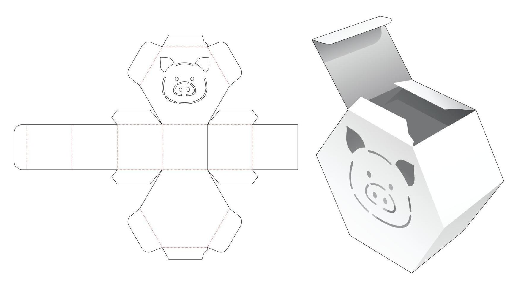 caixa hexagonal com molde de estêncil de porco cortado vetor