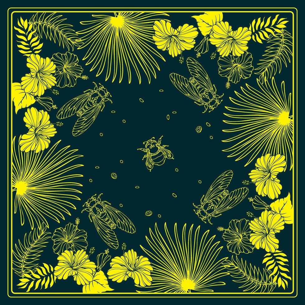 botânico quadrado padronizar com, folhas, hibisco, cigarras, e abelhas. vetor. vetor