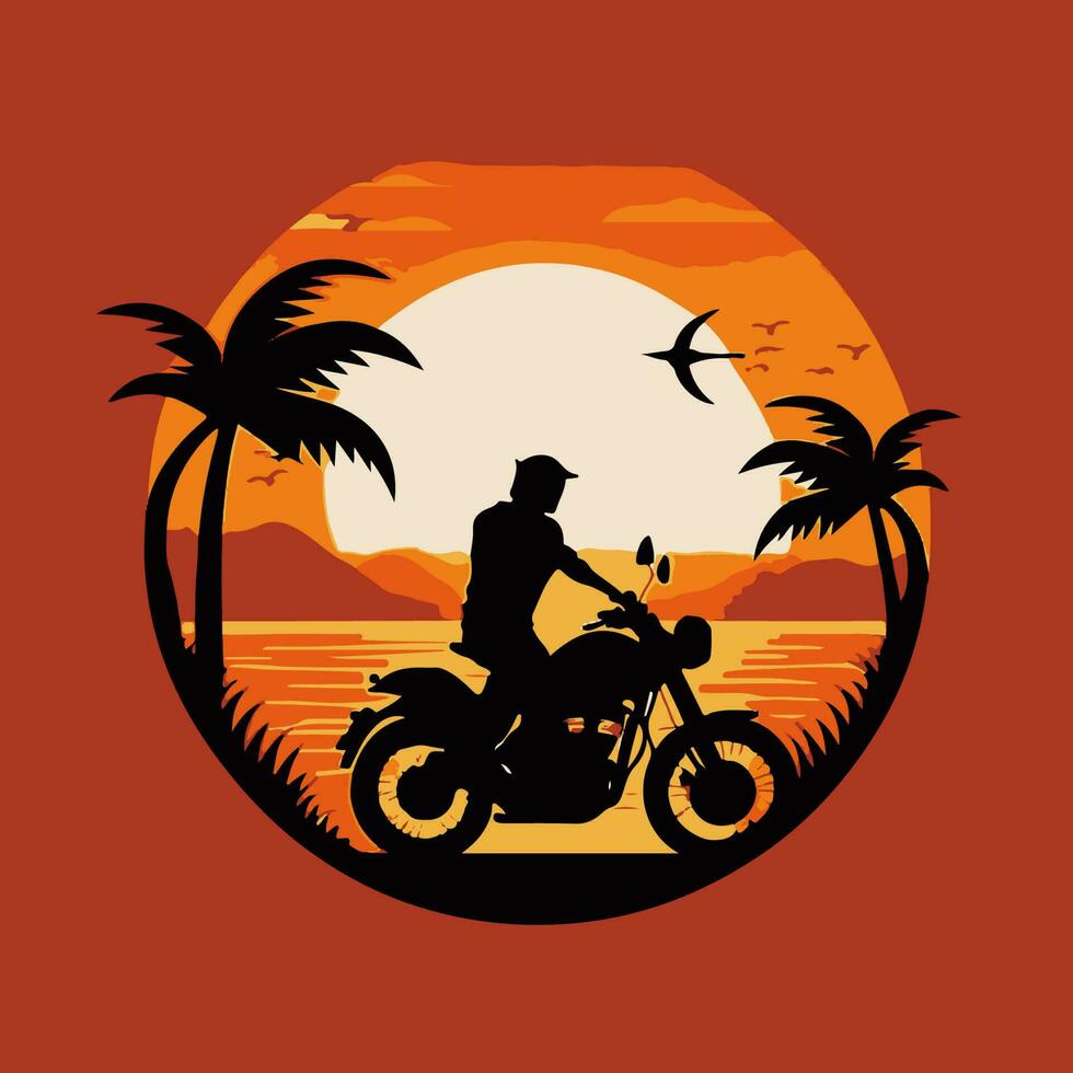 vintage bicicleta dentro a pôr do sol, camiseta projeto, motociclista, idiota, ponta do pão, cabeça de pá, Cabeça chata, nu bicicleta, corrida de arrancada, supermoto, motorradfahrer, motorrijder, vetor modelo