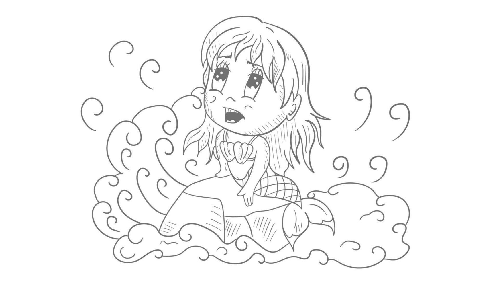 pequeno engraçado menina chibi sereia sentado em uma pedra dentro a meio do a água contorno vetor ilustração dentro a estilo do rabisco