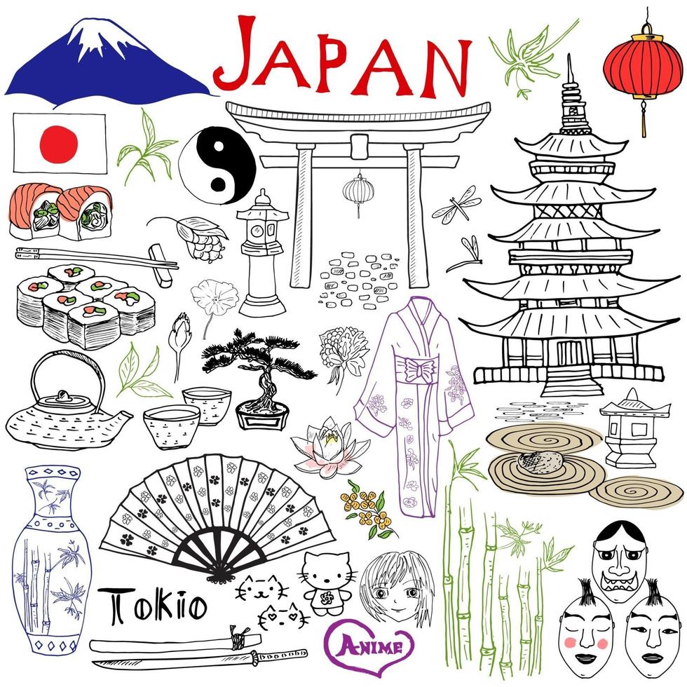 japão doodles elementos. desenhado à mão conjunto com montanha fujiyama, portão xintoísmo, sushi de comida japonesa e jogo de chá, ventilador, máscaras de teatro, katana, pagode, quimono. desenho coleção doodle, isolado no branco. vetor