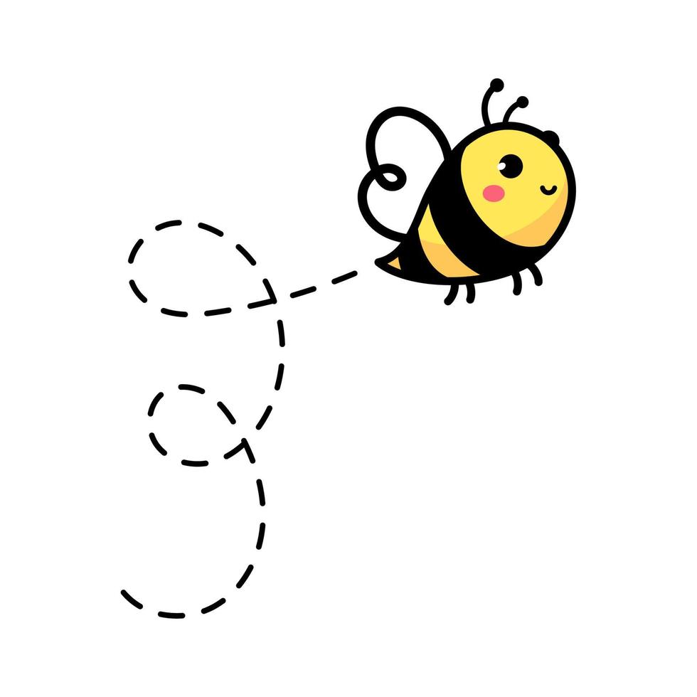 desenho animado fofa pequeno abelha vôo em a pontilhado linha para encontrar doce querida vetor