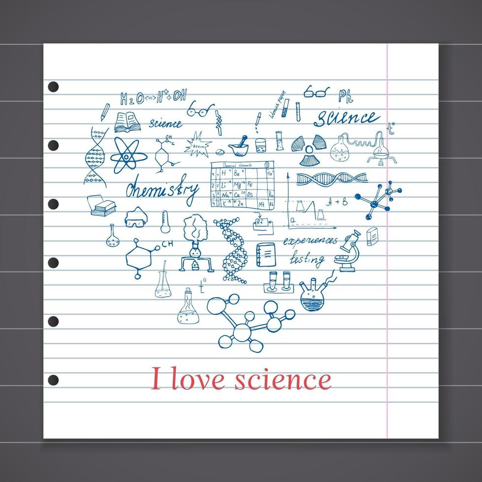 elementos de química e sciense doodles conjunto de ícones. esboço desenhado à mão com microscópio, fórmulas, equipamentos de experimentos, ferramentas de análise, ilustração vetorial no fundo do quadro-negro vetor