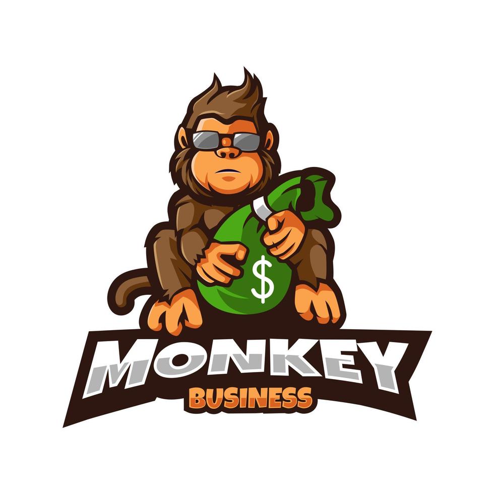 macaco mascote logotipo Projeto vetor. macaco com dinheiro saco vetor