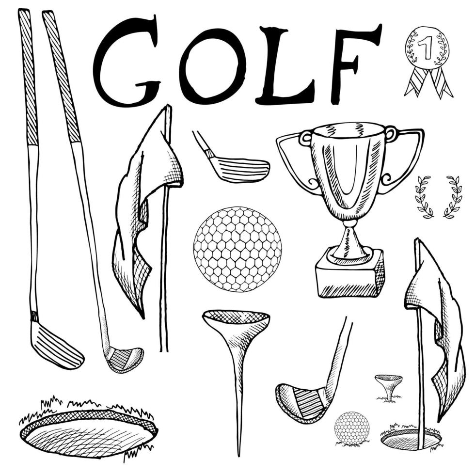 Esporte de golfe esboço desenhado à mão definir ilustração vetorial com tacos de golfe, bola, tee, buraco com bandeira e copo de prêmio, desenho de coleção de elementos de doodles, isolado no fundo branco vetor