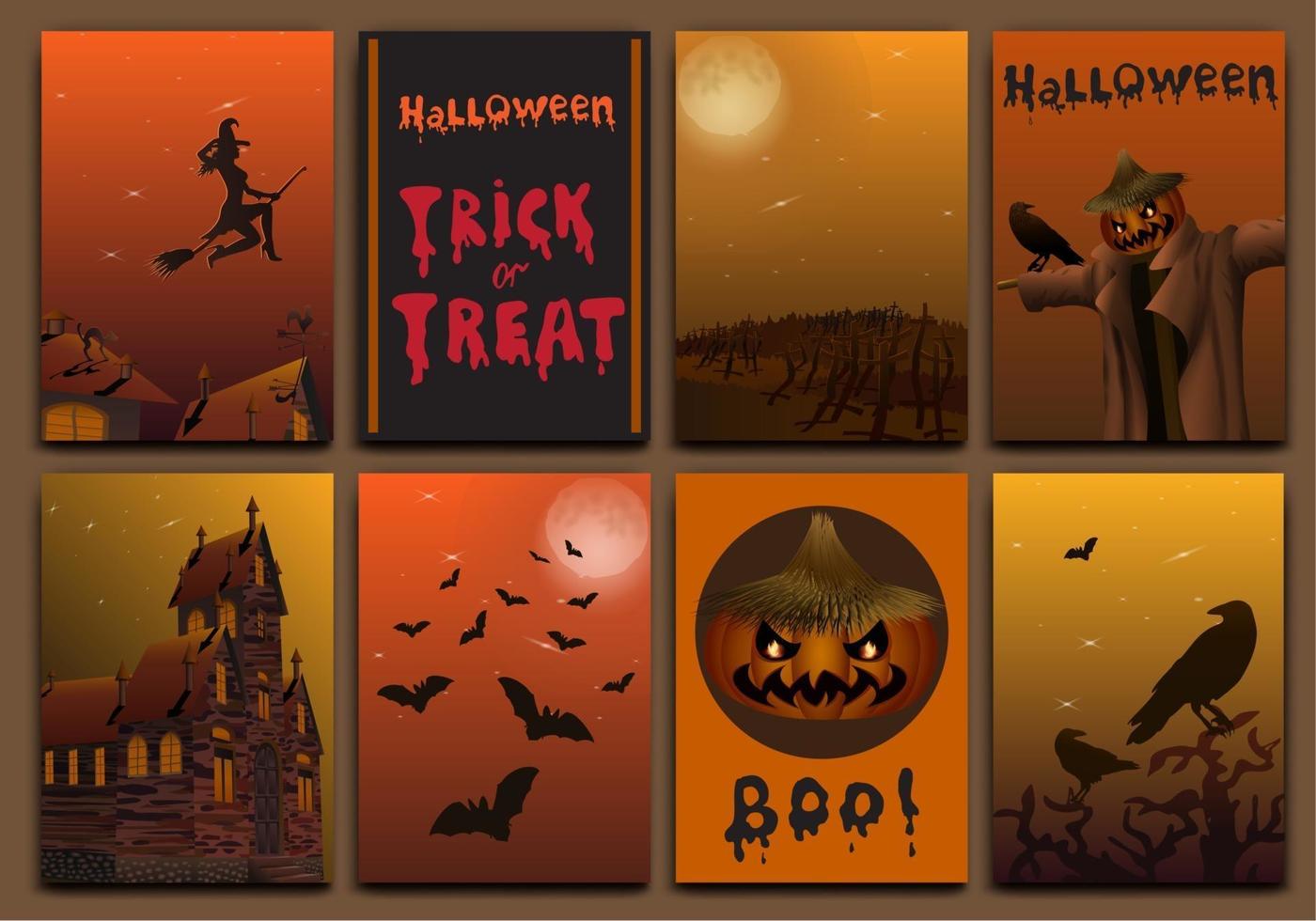 banners de cartões de halloween design vetor definido com abóbora, bruxa, morcegos, espantalho e casa mal-assombrada.