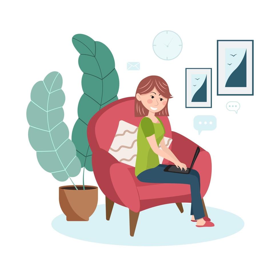 trabalhar no conceito de design de casa. mulher freelancer está sentada na sala de estar na poltrona com um laptop. ilustração vetorial. vetor