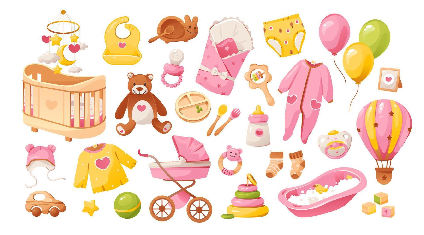bebê menina chuveiro definir. Itens para bebê Cuidado. uma conjunto do brinquedos, roupas e mobília para uma recém-nascido garota. Está uma garota. desenho animado vetor ilustração.