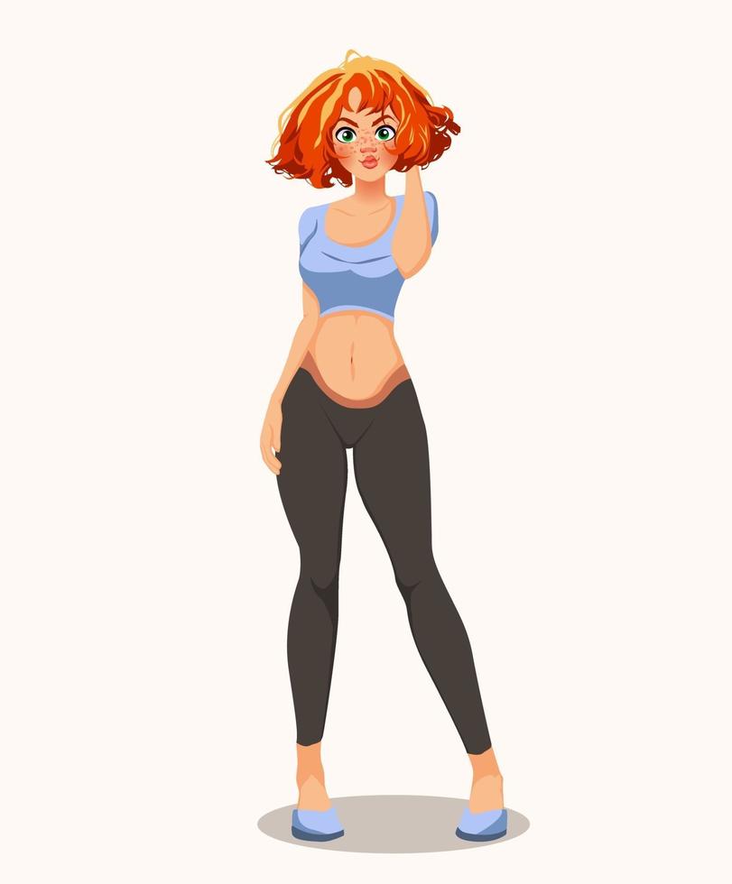 moça bonita em um sportswear com corte de cabelo feminino moderno. ilustração em vetor de uma mulher em pé, retrato de corpo inteiro. ideia de esporte e fitness