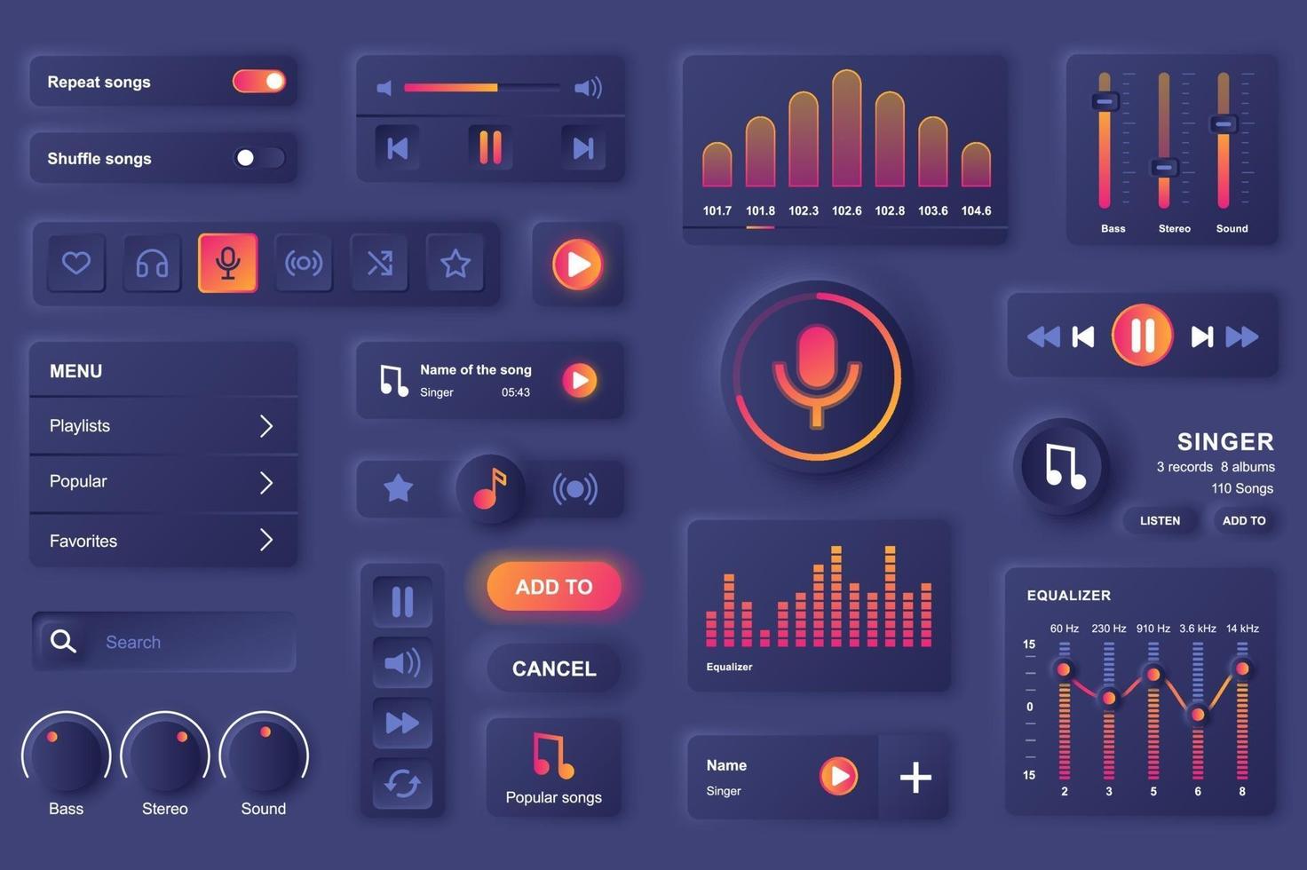 Elementos da interface do usuário para aplicativo móvel de música modelo de elementos de interface do usuário neumorfico vetor