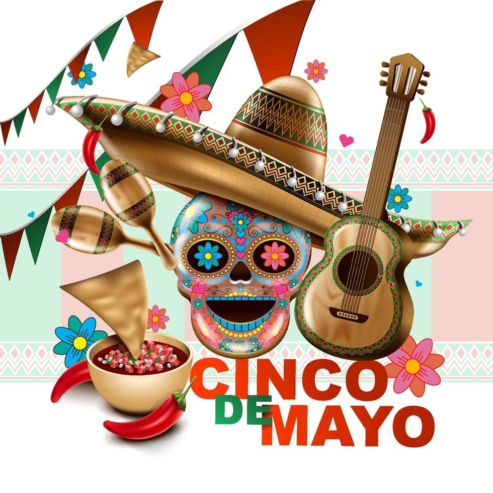 feriado mexicano de cinco de mayo. chapéu sombrero, maracas e tacos e comida festiva com as cores da bandeira do méxico. ilustração vetorial. vetor