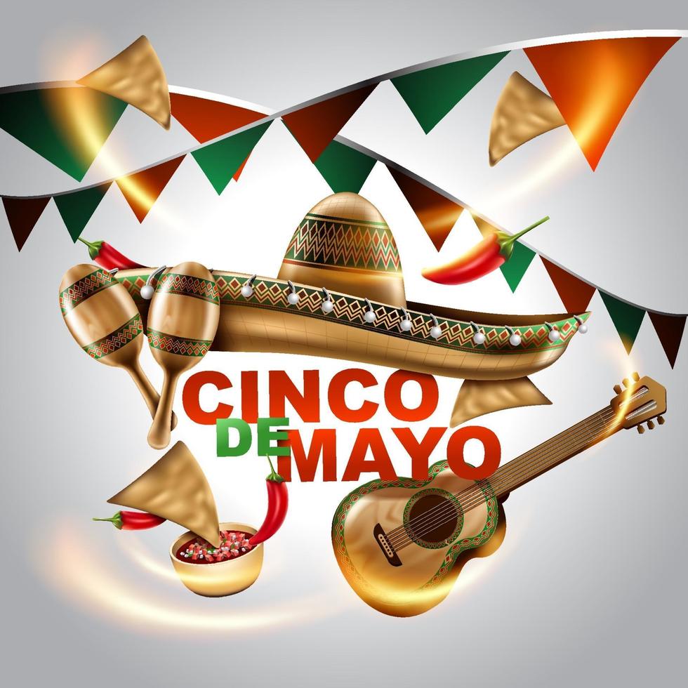 feriado mexicano de cinco de mayo. chapéu sombrero, maracas e tacos e comida festiva com as cores da bandeira do méxico. ilustração vetorial. vetor