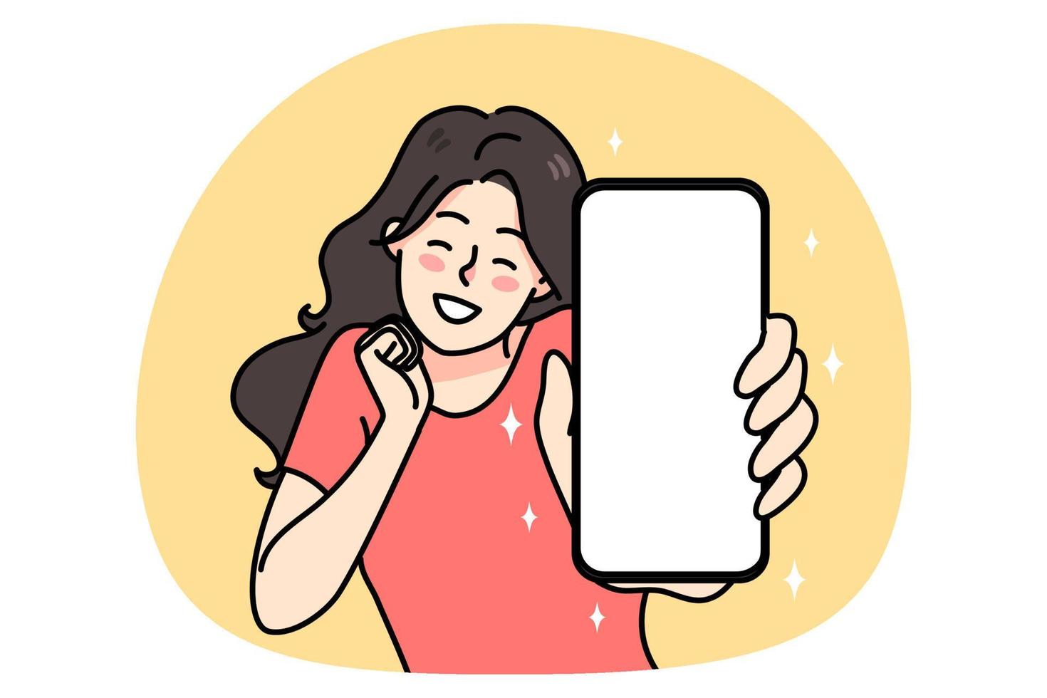 sorridente menina mostrar Smartphone com brincar tela vetor