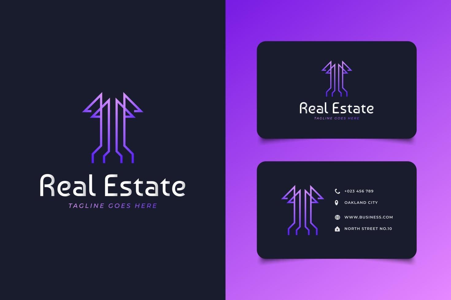 logotipo imobiliário em gradiente roxo com estilo de linha. logotipo do arranha-céu. arquitetura de construção construção de modelo de design de logotipo vetor