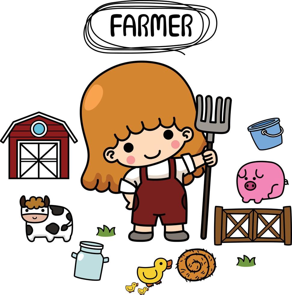 ilustração isolado conjunto desenho animado agricultor criança menina vetor