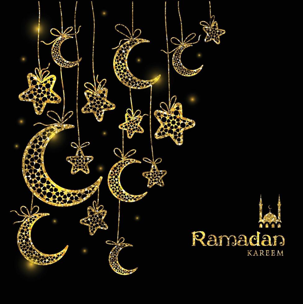 cartão celebração Ramadan Kareem decorado com luas e estrelas em fundo escuro. vetor