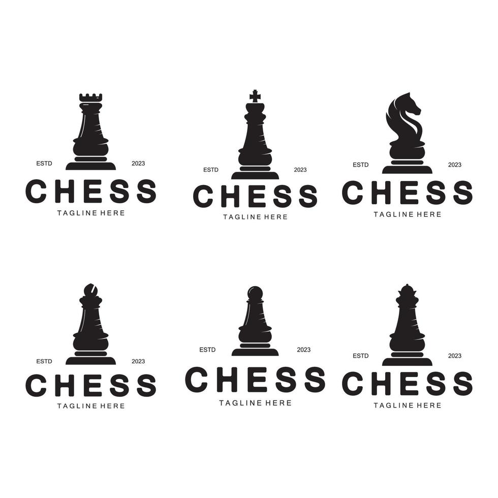 xadrez estratégia jogos logotipo com cavalo, rei, penhor, ministro e torre. logotipo para xadrez torneio, xadrez equipe, xadrez campeonato, xadrez jogos aplicativo. vetor