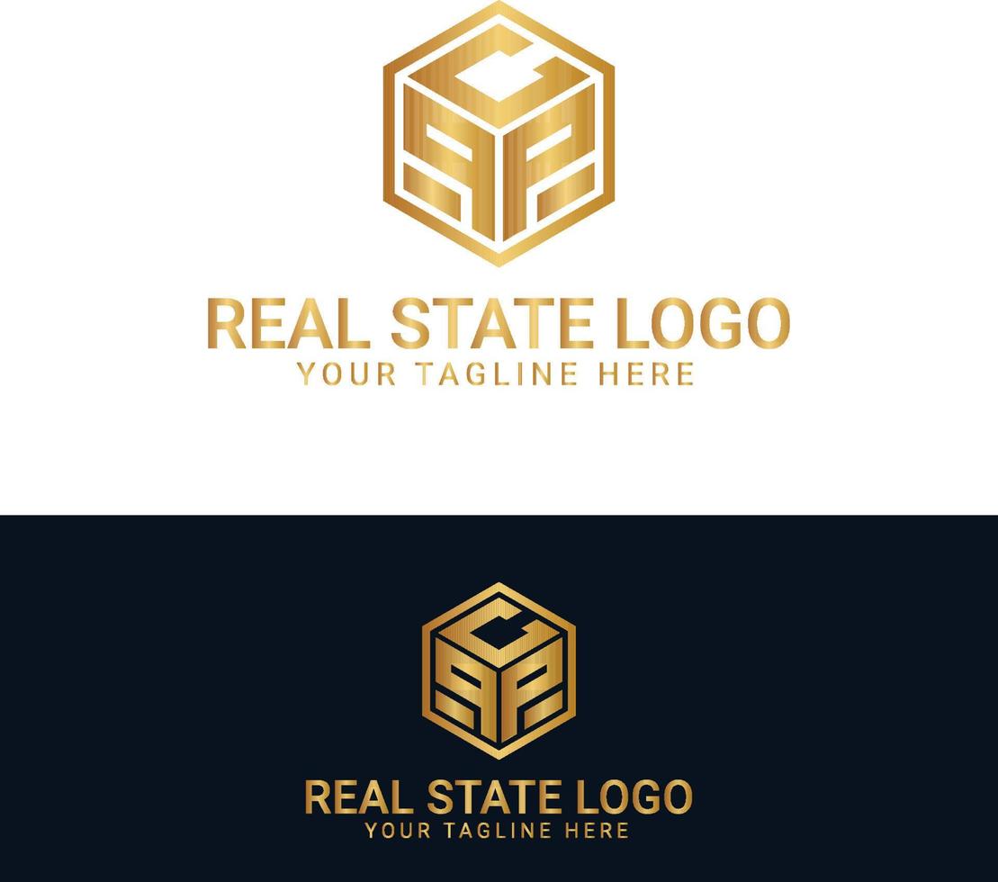 Preto e ouro cor corporativo logotipo Projeto para real Estado com geométrico formas vetor