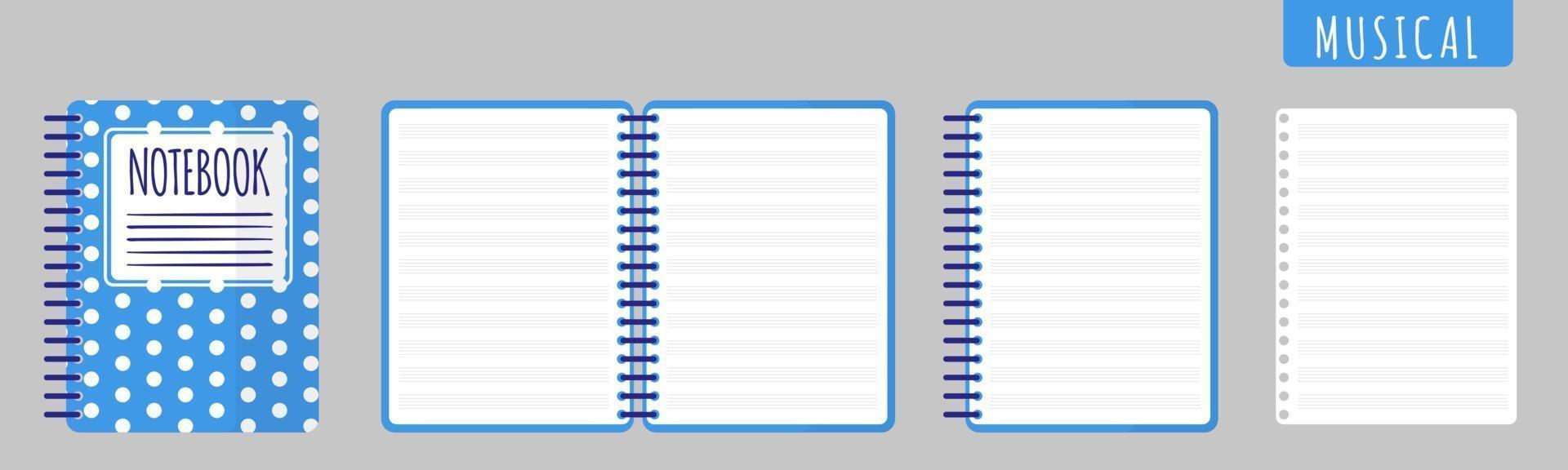 ilustração de desenho vetorial com caderno musical, caderno aberto e folhas em branco sobre fundo branco. vetor