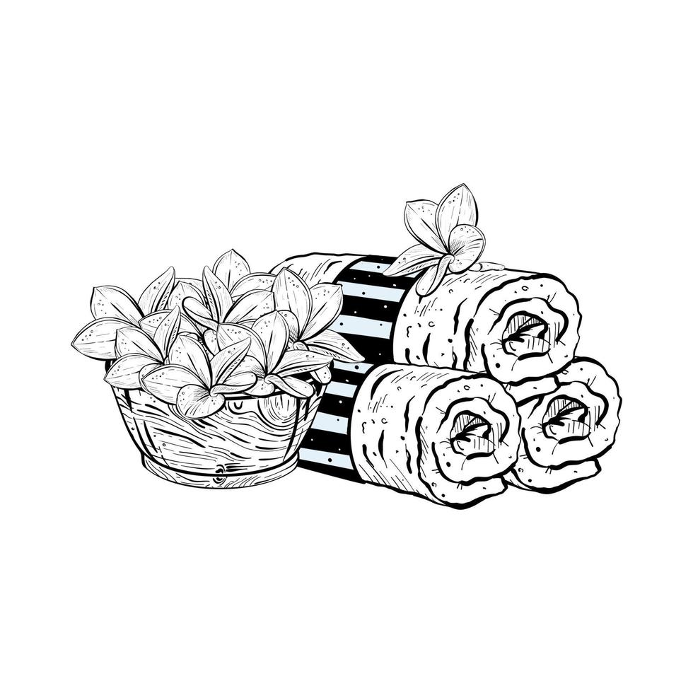vetor ilustração do conjunto do de madeira tigela com lindo magnólia flores e enrolado toalhas em branco fundo