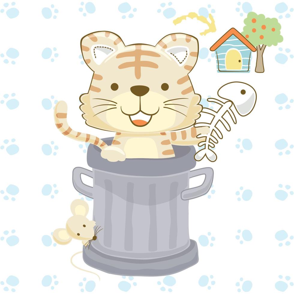 vetor desenho animado do engraçado gato segurando peixe osso com ratos dentro Lixo pode, pequeno casa com árvore em animais trilha fundo