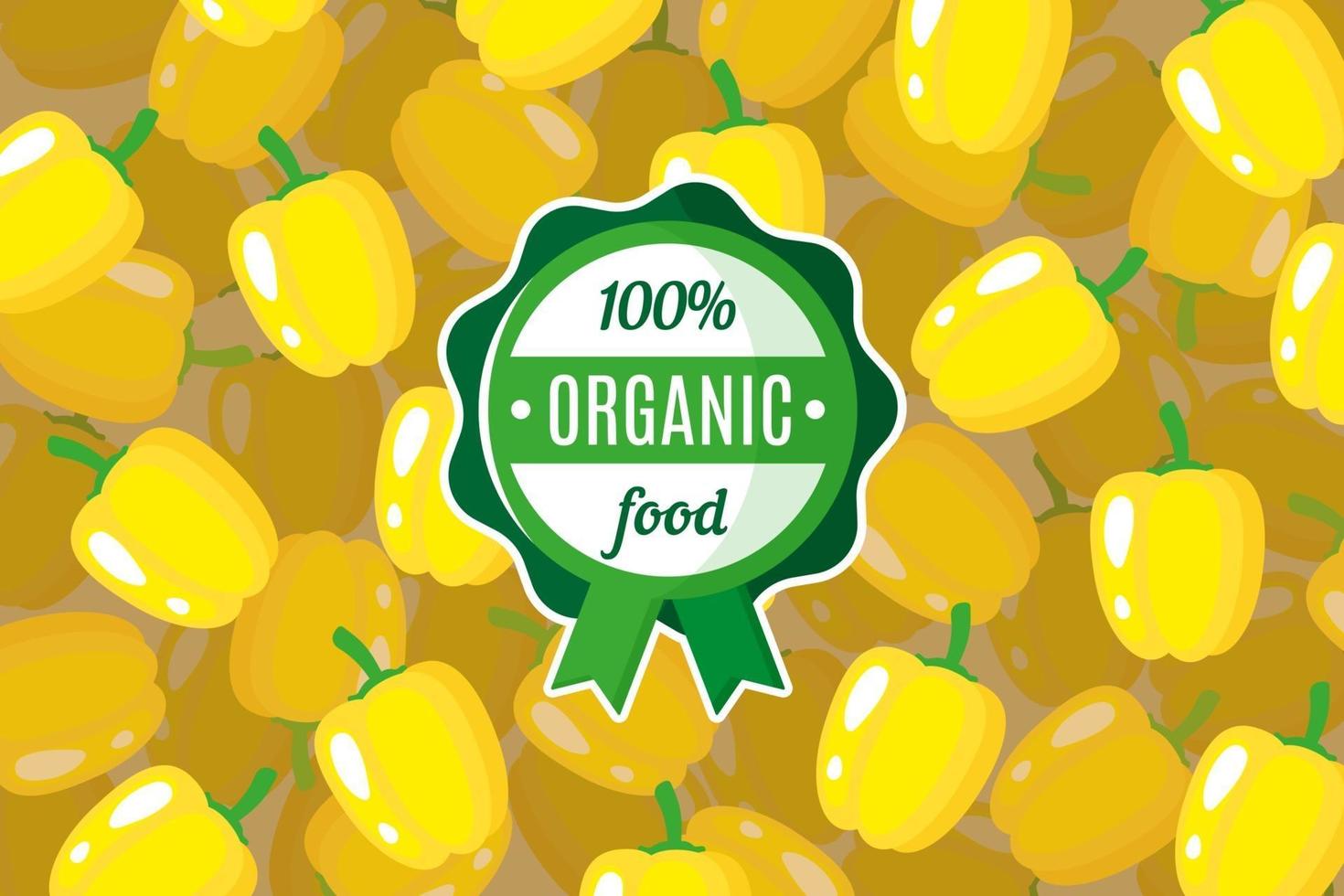 cartaz ou banner de vetor com ilustração de fundo de pimentão amarelo e rótulo de alimento orgânico verde redondo