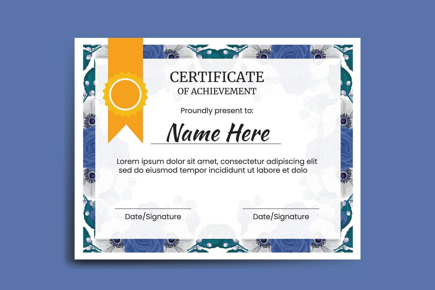 certificado modelo azul rosa flor aguarela digital mão desenhado vetor