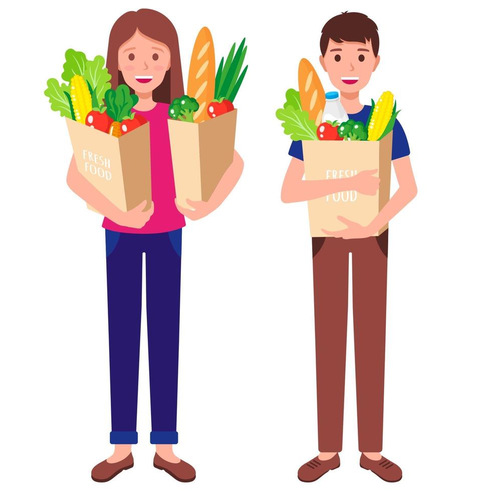 ilustração de desenho vetorial com menino e menina segurando sacolas de papel com alimentos saudáveis isolados no fundo branco vetor