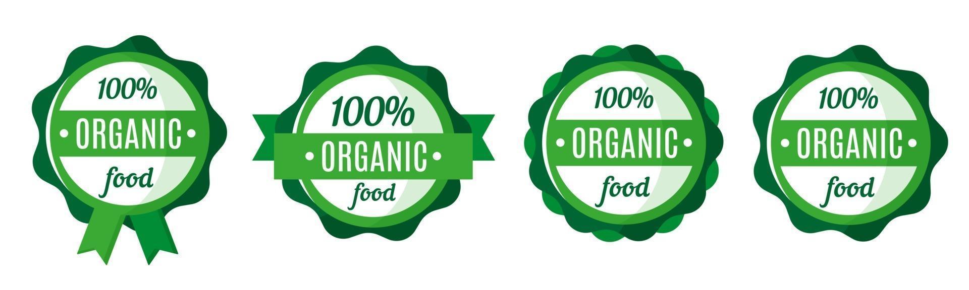 conjunto de vetores de emblemas, etiquetas ou rótulos de alimentos orgânicos e frescos verdes redondos. design de etiquetas de mercado ecológico. compras de alimentos ecológicos.