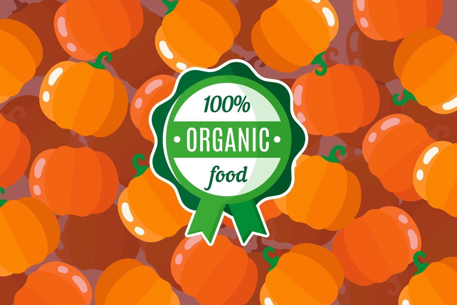 cartaz ou banner de vetor com ilustração de fundo laranja de abóbora e rótulo verde redondo de alimento orgânico