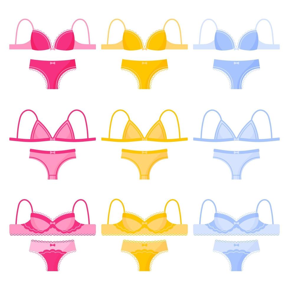 conjunto de diferentes tipos e cores de calcinhas e sutiãs de lingerie feminina. vetor