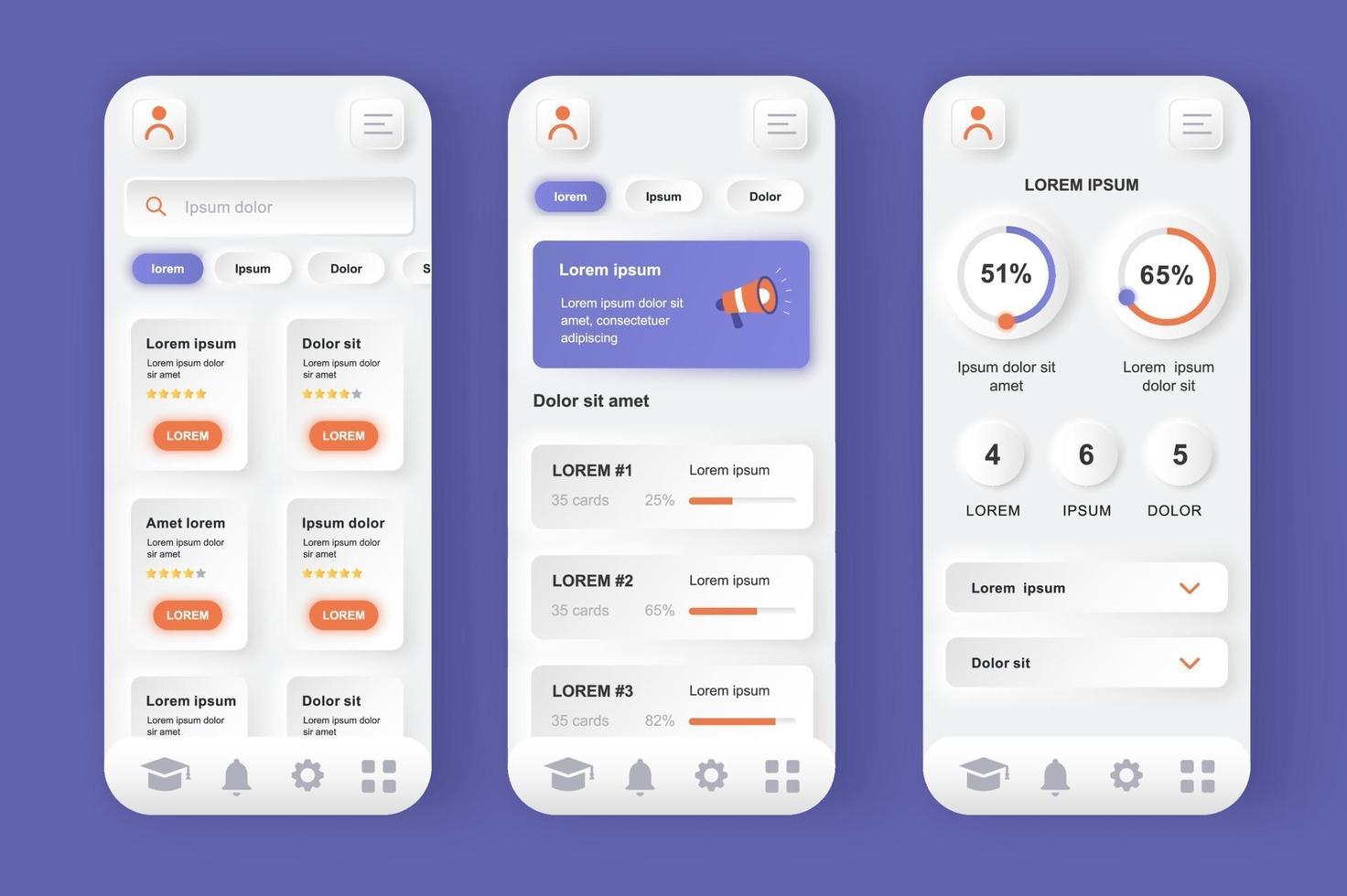 kit de design de aplicativo móvel neomórfico exclusivo de plataforma de aprendizagem on-line vetor