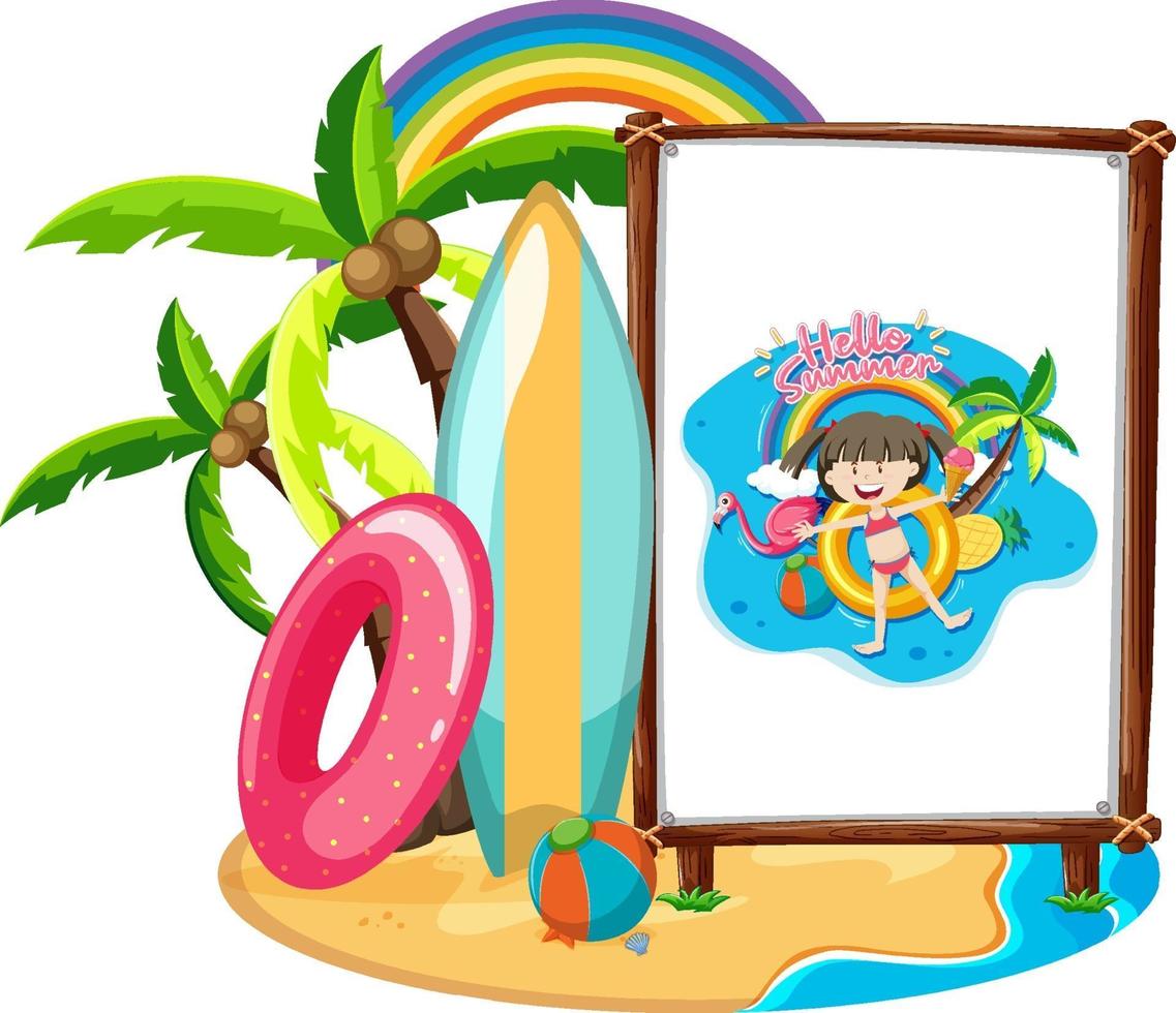 logotipo de menina em banner em cena de praia isolada vetor