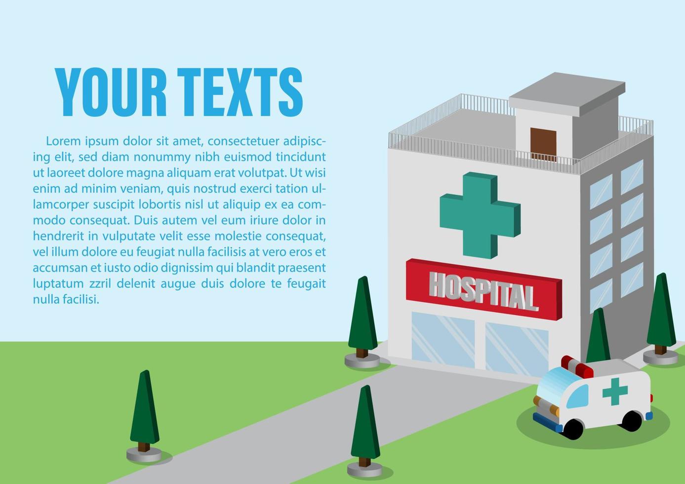 hospital construção área com ambulância dentro 3d vetor Projeto e exemplo Texto:% s isolar em azul fundo.