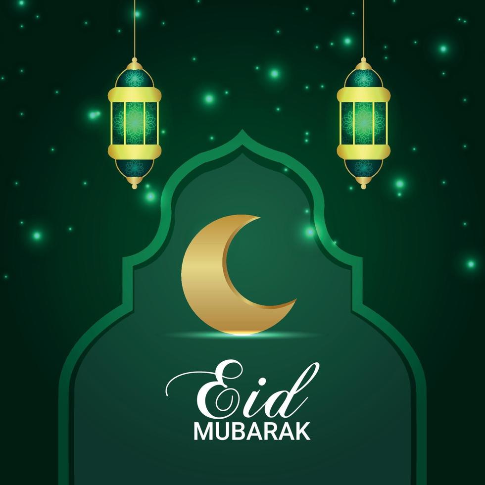 Ilustração em vetor convite eid mubarak de lua dourada e lanterna