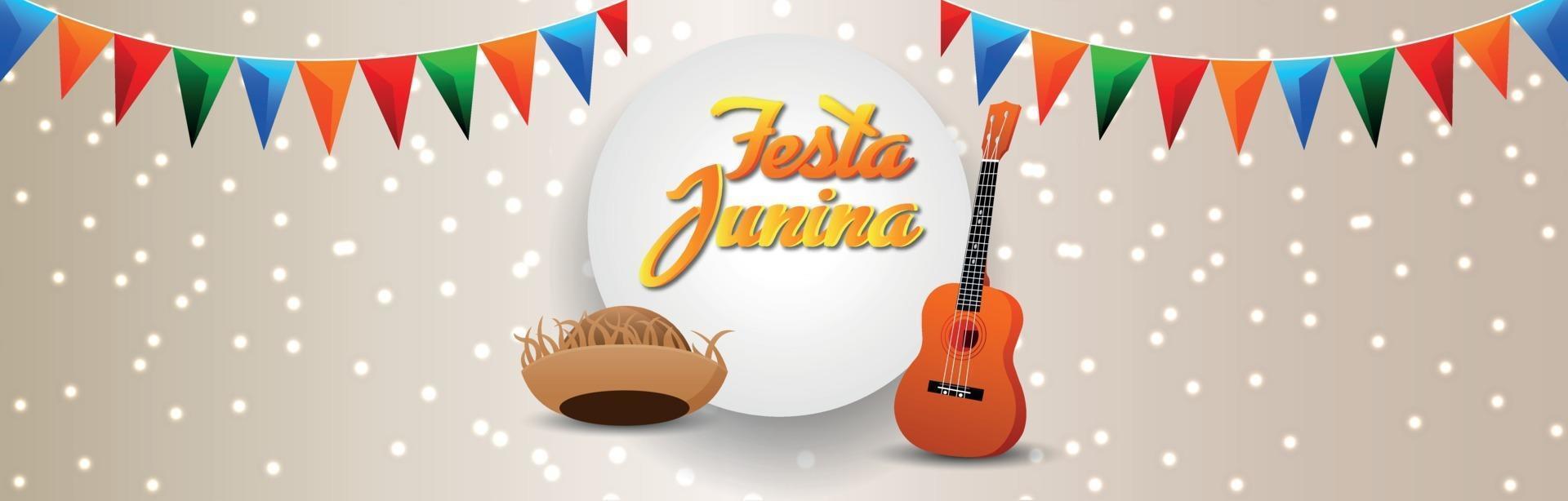 Banner ou cabeçalho de convite festa junina com balde de pipoca criativo e bandeira de festa colorida vetor