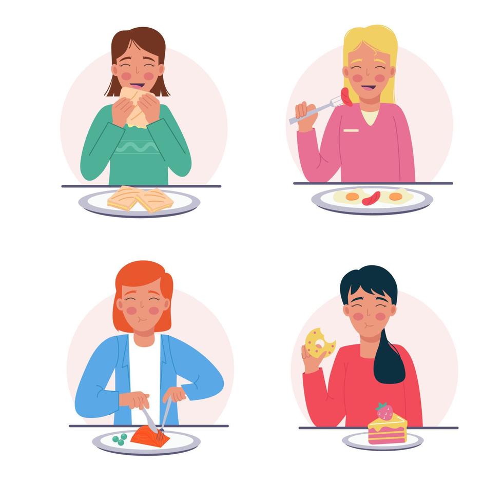 uma conjunto do mulheres comendo diferente Comida dentro uma plano estilo vetor