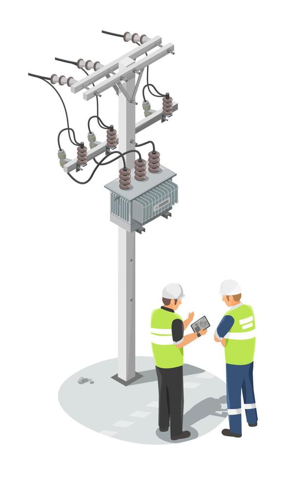 transformador manutenção do Voltagem fábrica elétrico energia distribuição cadeia trabalhos às altura reparar do poder linhas engenheiro falando trabalhador isométrico isolado símbolos conceito vetor