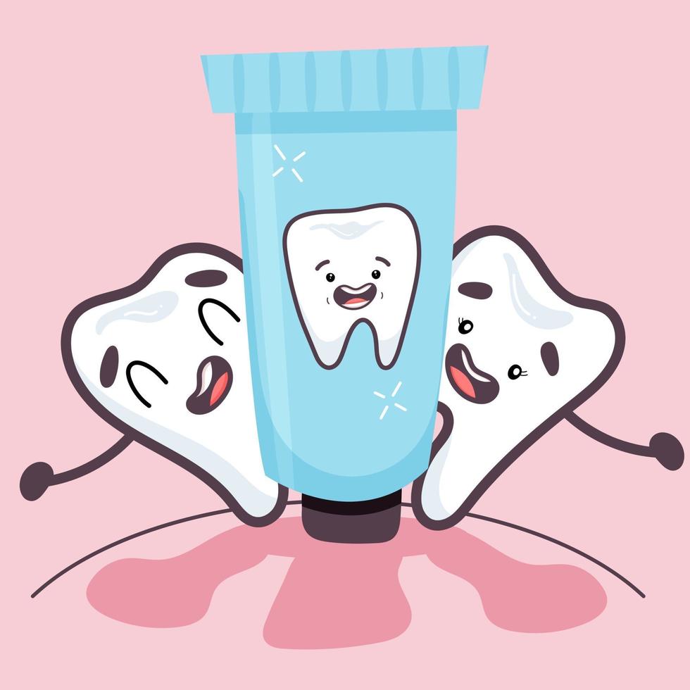 dentes elegantes ficam felizes com pasta de dente. ilustração vetorial em estilo simples vetor