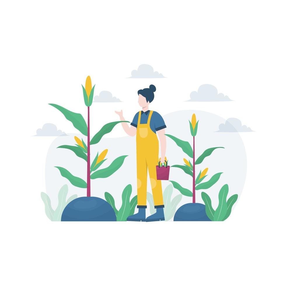 um agricultor cultiva e colhe frutas e vegetais ilustração vetorial, adequado para página de destino, interface do usuário, site, aplicativo móvel, editorial, pôster, folheto, artigo e banner vetor