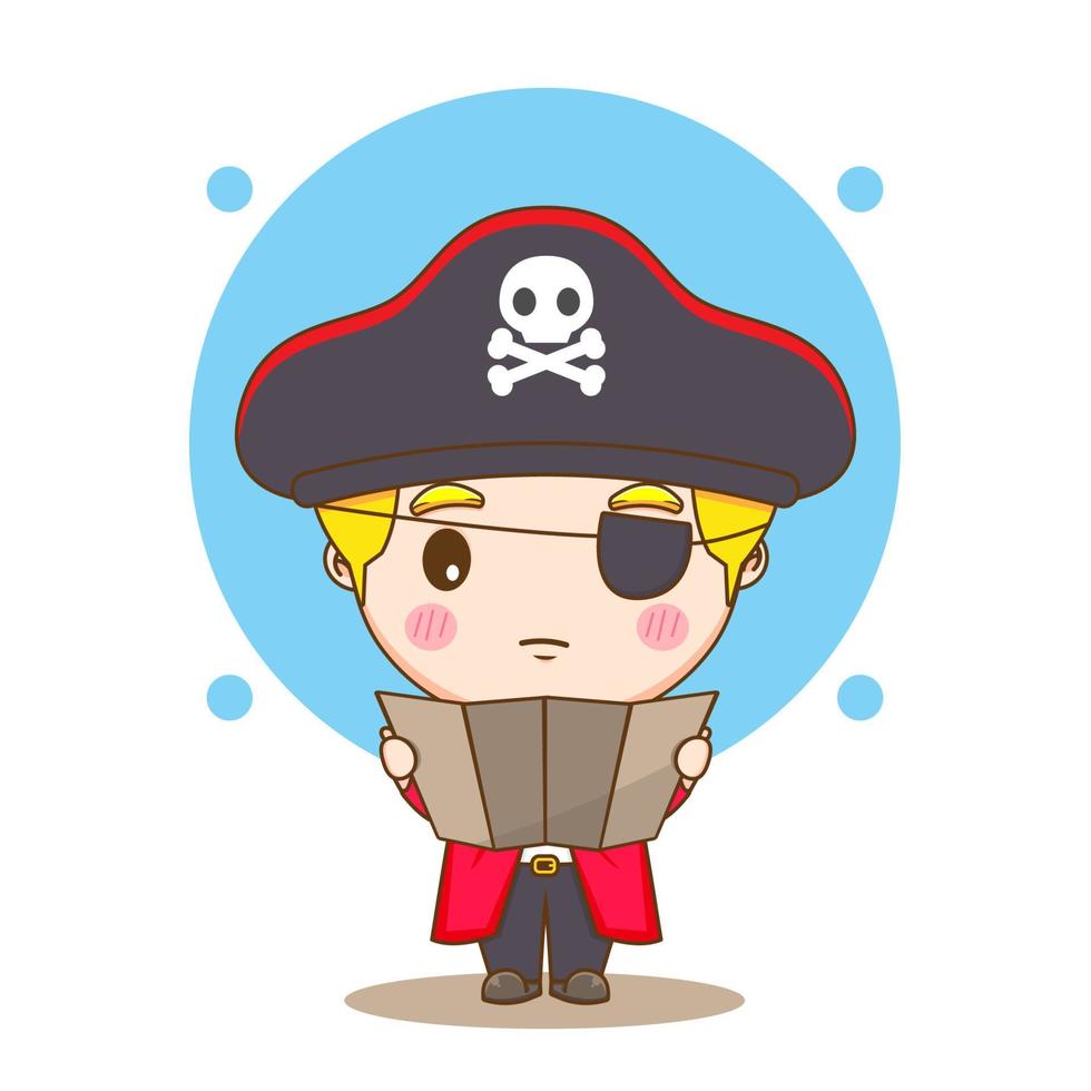 fofa pirata desenho animado personagem lendo mapa. pessoas profissão conceito Projeto. plano adorável chibi vetor ilustração. isolado branco fundo