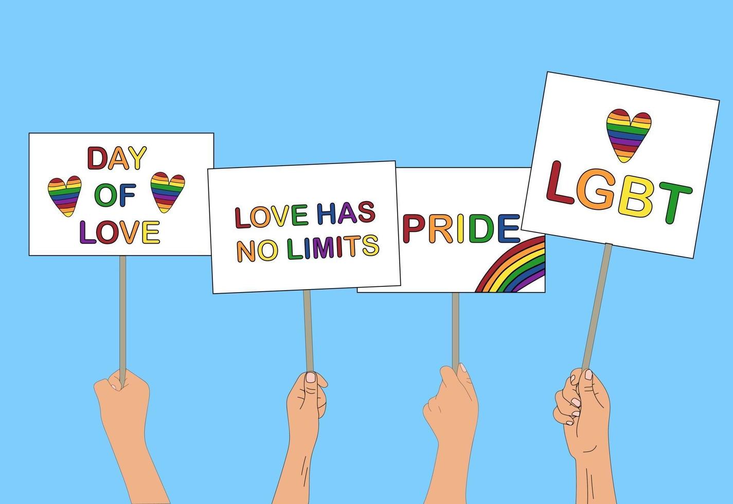 mãos segurando faixas com slogans LGBT para desfile gay, dia do orgulho para a comunidade LGBT, o amor não tem limites, imagem vetorial na mão desenhar estilo, rabiscos vetor