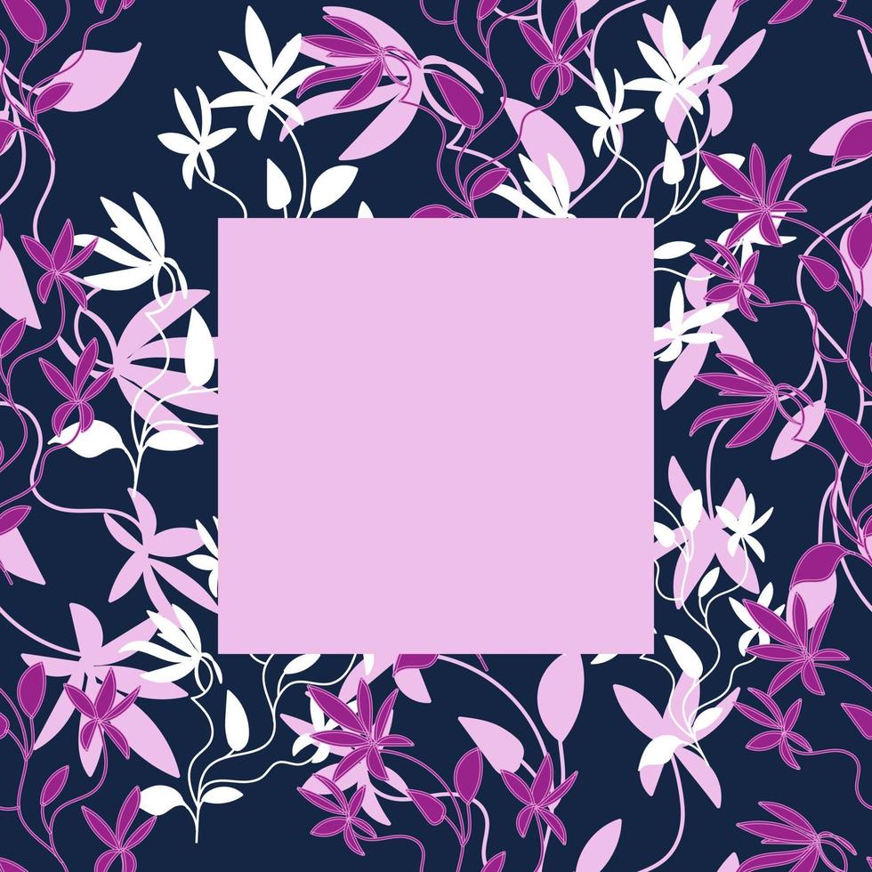 modelo de quadro floral para fotos, pôsteres e banners, flores exóticas encaracoladas em tons de rosa e roxo, estilo de desenho à mão vetor