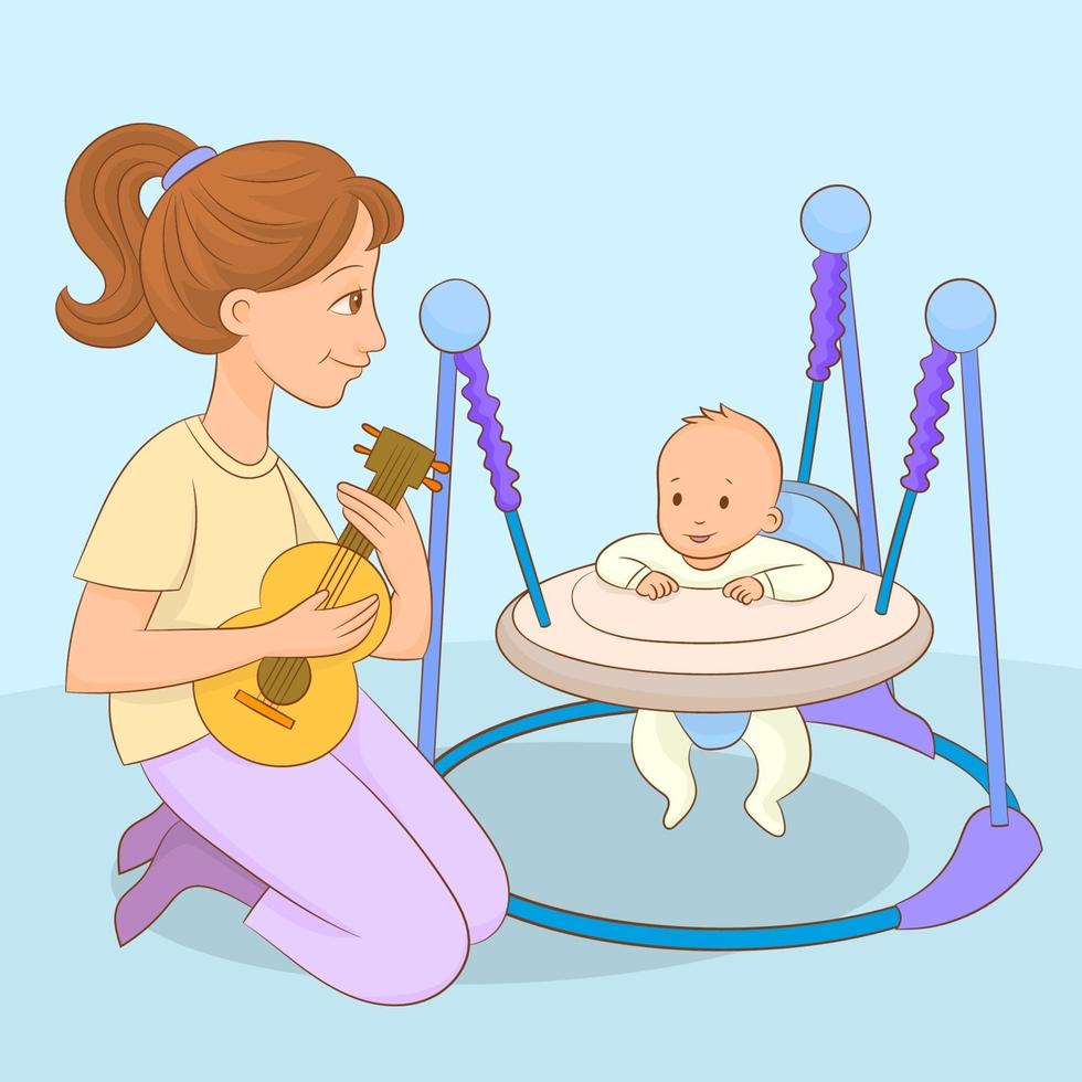 mãe com seu bebê, tocando uma música com seu violão de brinquedo vetor