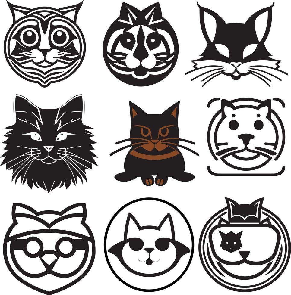 Preto e branco gatos cabeça vetor ícones ilustração