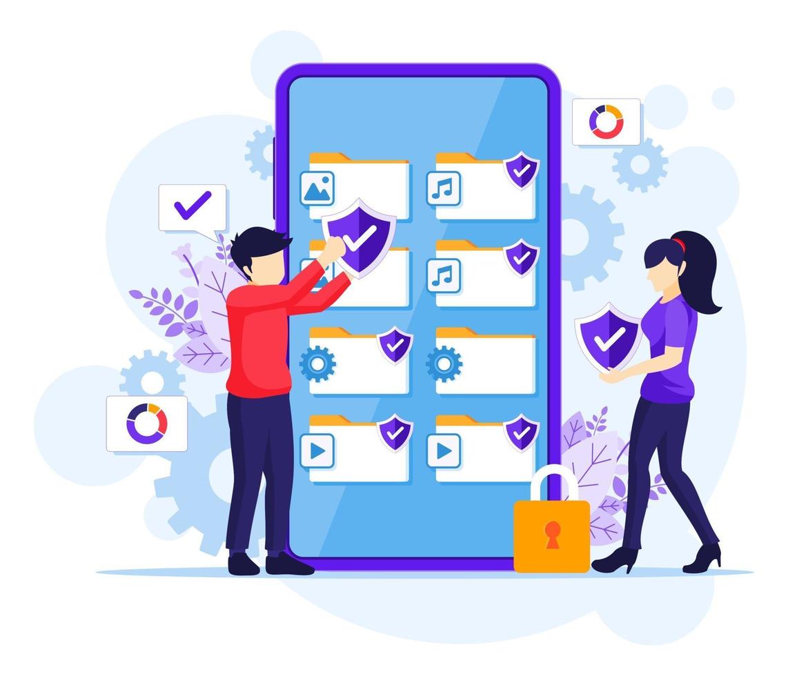 conceito de proteção de dados, pessoas protegendo dados e arquivos em um smartphone gigante. ilustração vetorial vetor
