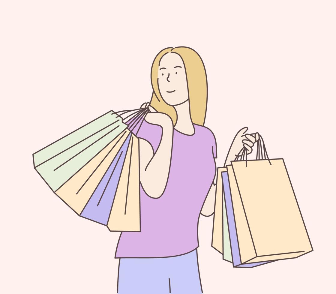 compras, venda, escolha, loja, conceito de compra. jovem alegre feliz com as compras. mão desenhada em estilo de linha fina, ilustrações vetoriais. vetor