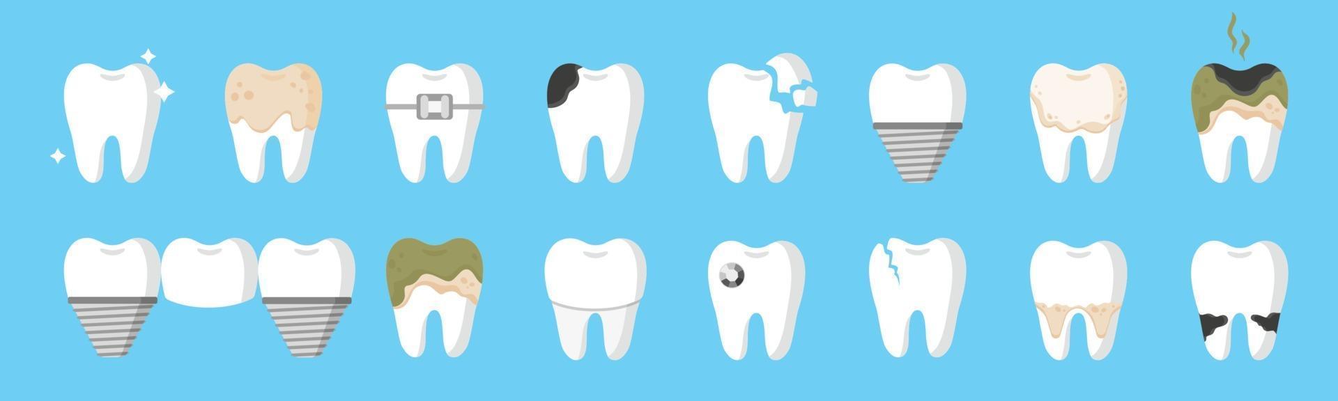 desenho vetorial conjunto de dentes com diferentes tipos de doenças dentais cárie, tártaro, placa bacteriana, ponte dentária, aparelho ortodôntico, etc. vetor