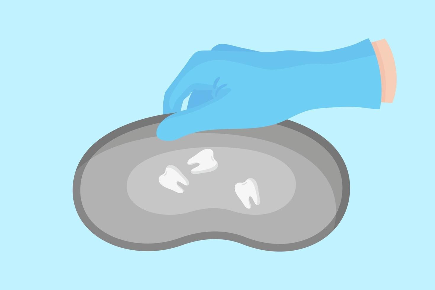 vector cartoon mão de um dentista em uma luva azul que segura uma bandeja de metal dentária para armazenar instrumentos com dentes brancos.
